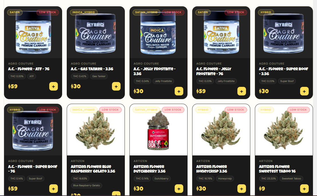 Agro Couture: Jelly Frostbite 3.5g shows an INDICA jar, the 7g a SATIVA jar