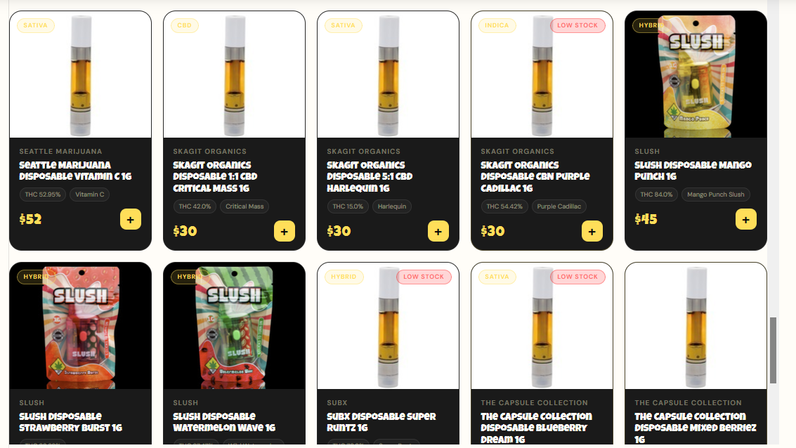 Disposables: Three Slush pouches marooned in a run of cartridges