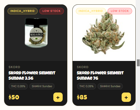 Skord SinMint Sundae: The 3.5g shows the jar and the 7g shows loose flower