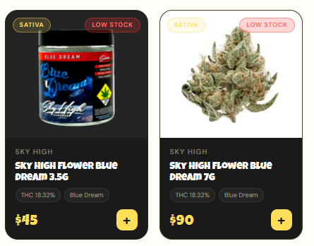Sky High Blue Dream: The 7g shows loose flower where the jar belongs