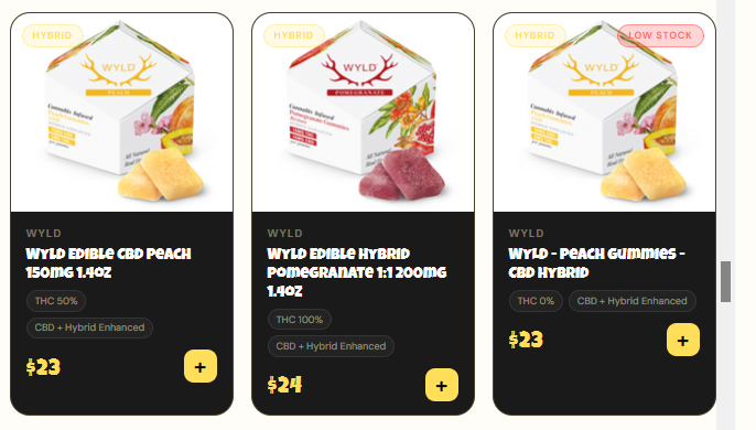 Wyld: One peach box on two listings, THC 50% against 0%, and the descriptions vary widely